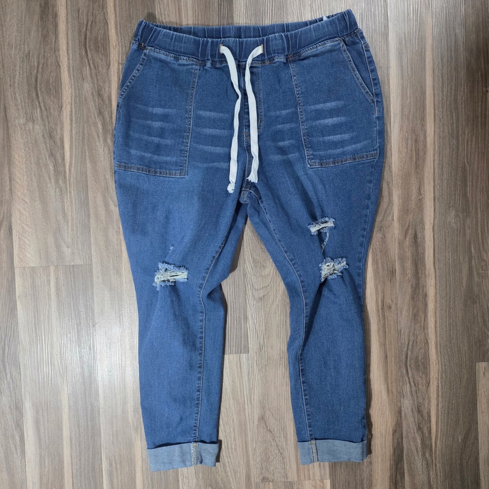 SHEIN Curve Womens 2XL Distressed‎ Denim Joggers Elastic Waist Blue Jeans 1078